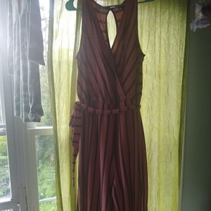 Culottes pant suit, coral with pinstripes